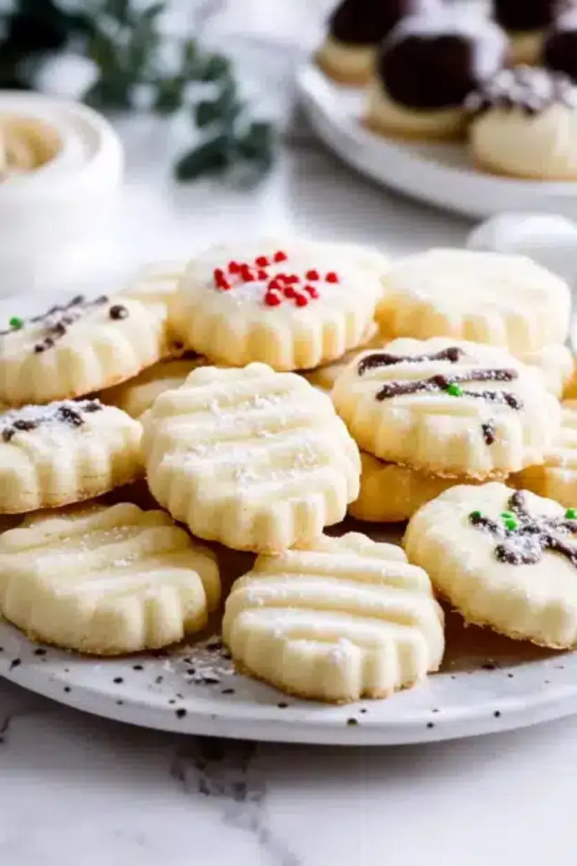 Decorated whipped shortbread cookies with chocolate drizzle and sprinkles