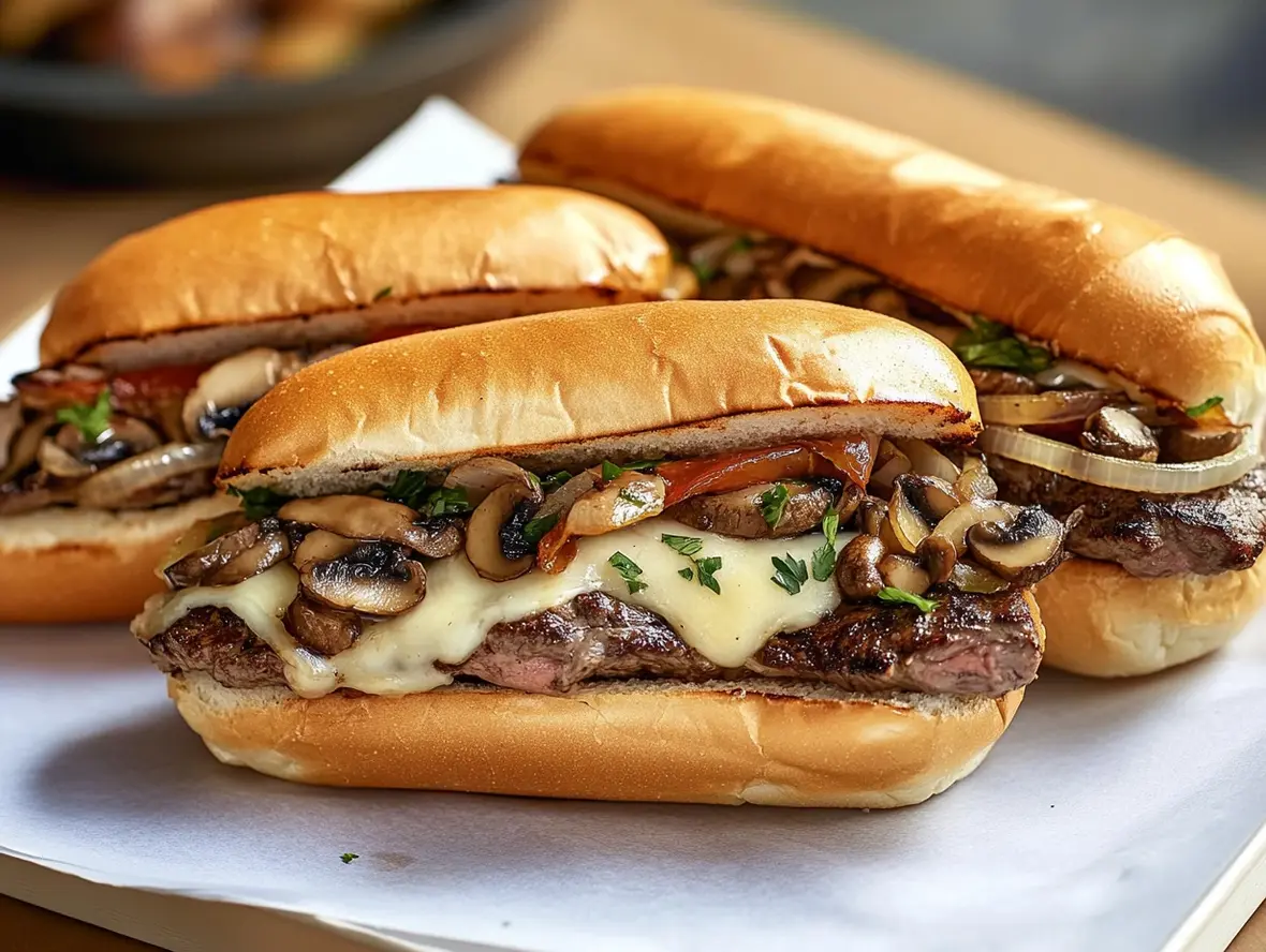 Close-up of a delicious Philly Cheesesteak Sandwich being assembled