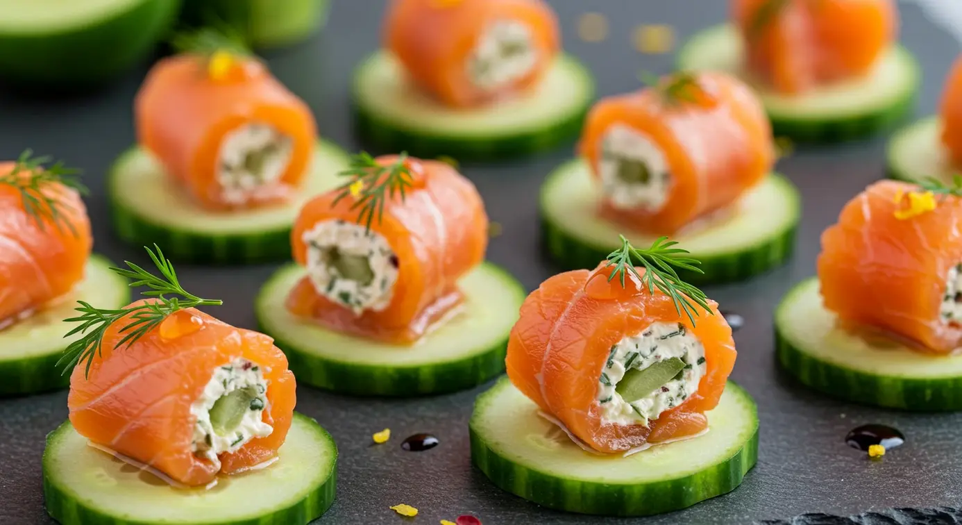 Close-up of a Smoked Salmon Roll on Cucumber with dill garnish