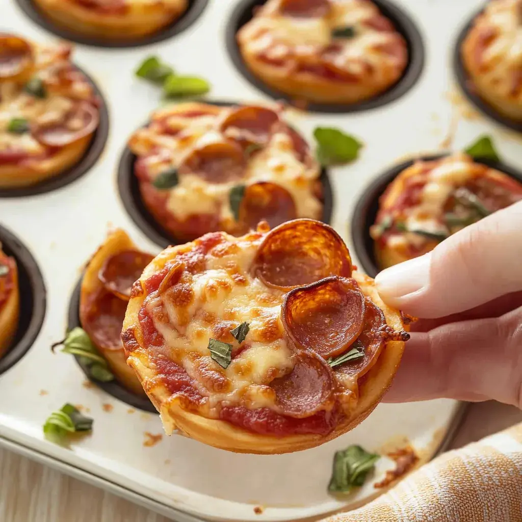 Close-up of a Muffin Tin Pizza Bomb, showing the gooey melted cheese and golden crust.