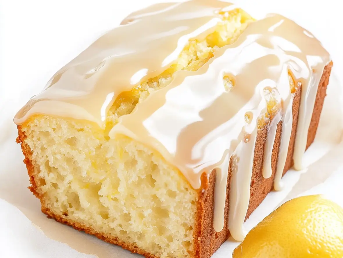 A close-up view of the glazed lemon loaf, showing its moist texture and vibrant citrus notes.
