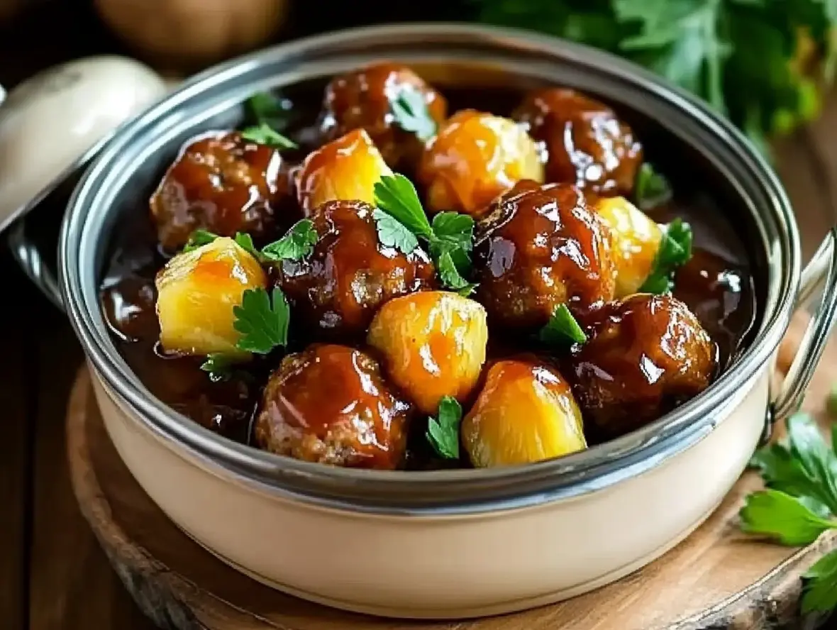 Close-up of barbecue meatballs with pineapple being served.