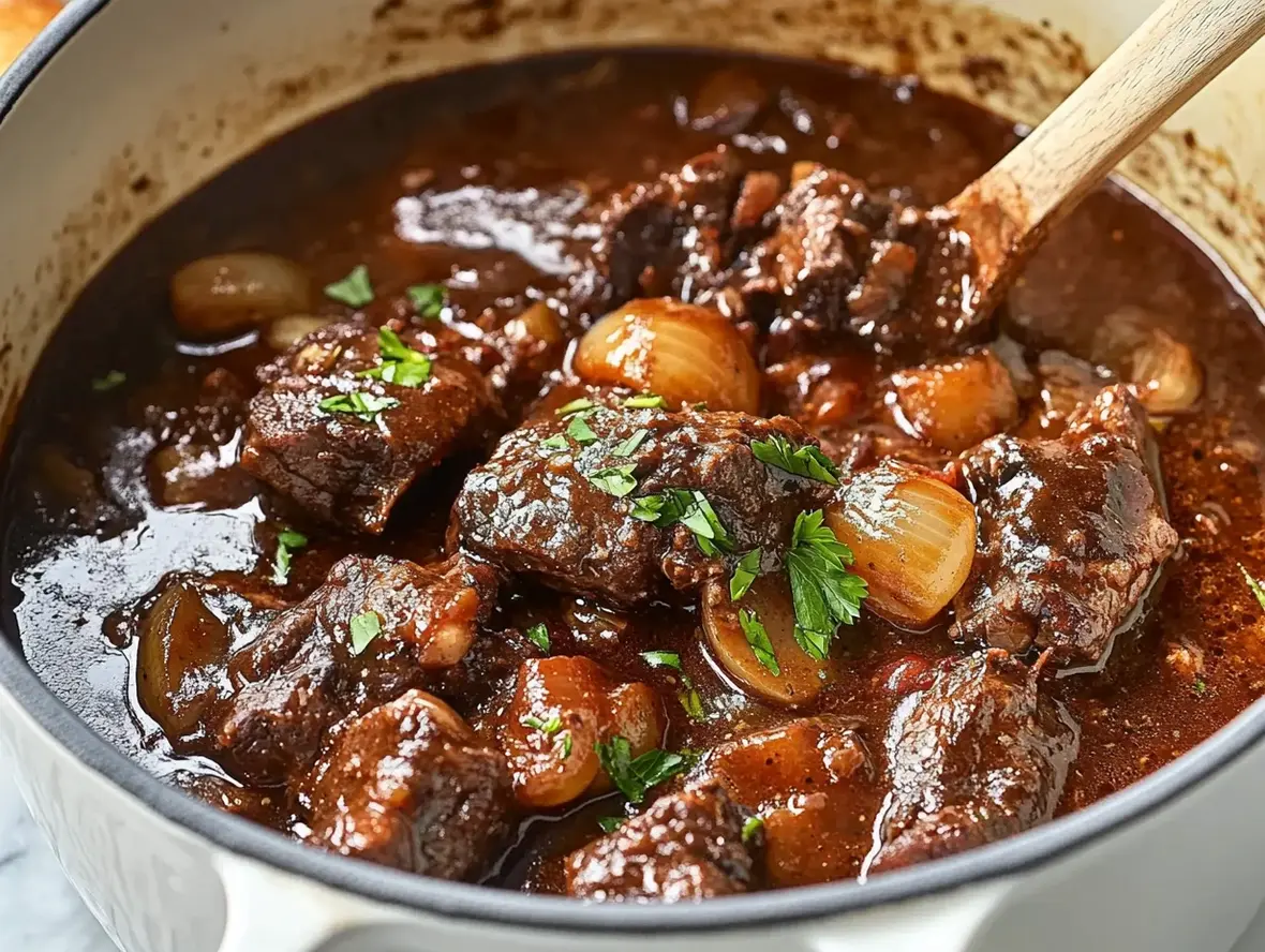 Close-up of Beef Bourguignon with tender beef, mushrooms, and pearl onions in a rich, glossy sauce.