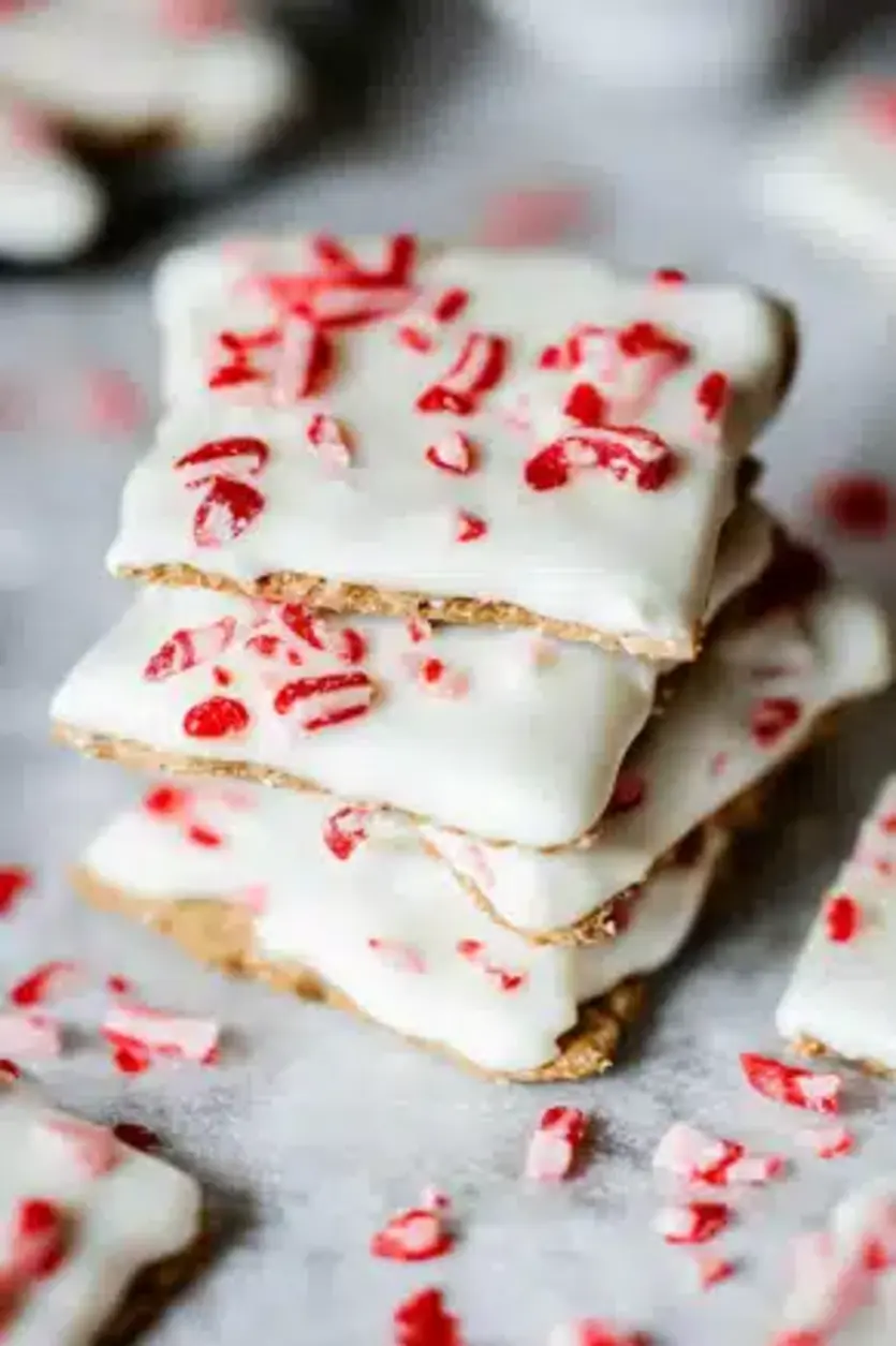 A plate of holiday peppermint white chocolate crackers, some whole and some broken, dusted with crushed candy canes, ready to be enjoyed.