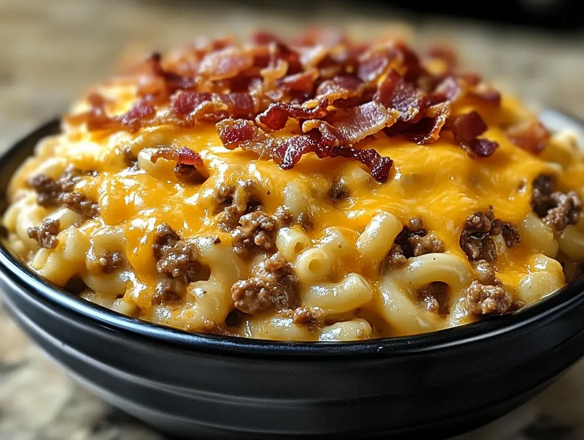 Close-up of cheeseburger pasta in a bowl, showing texture and cheese.