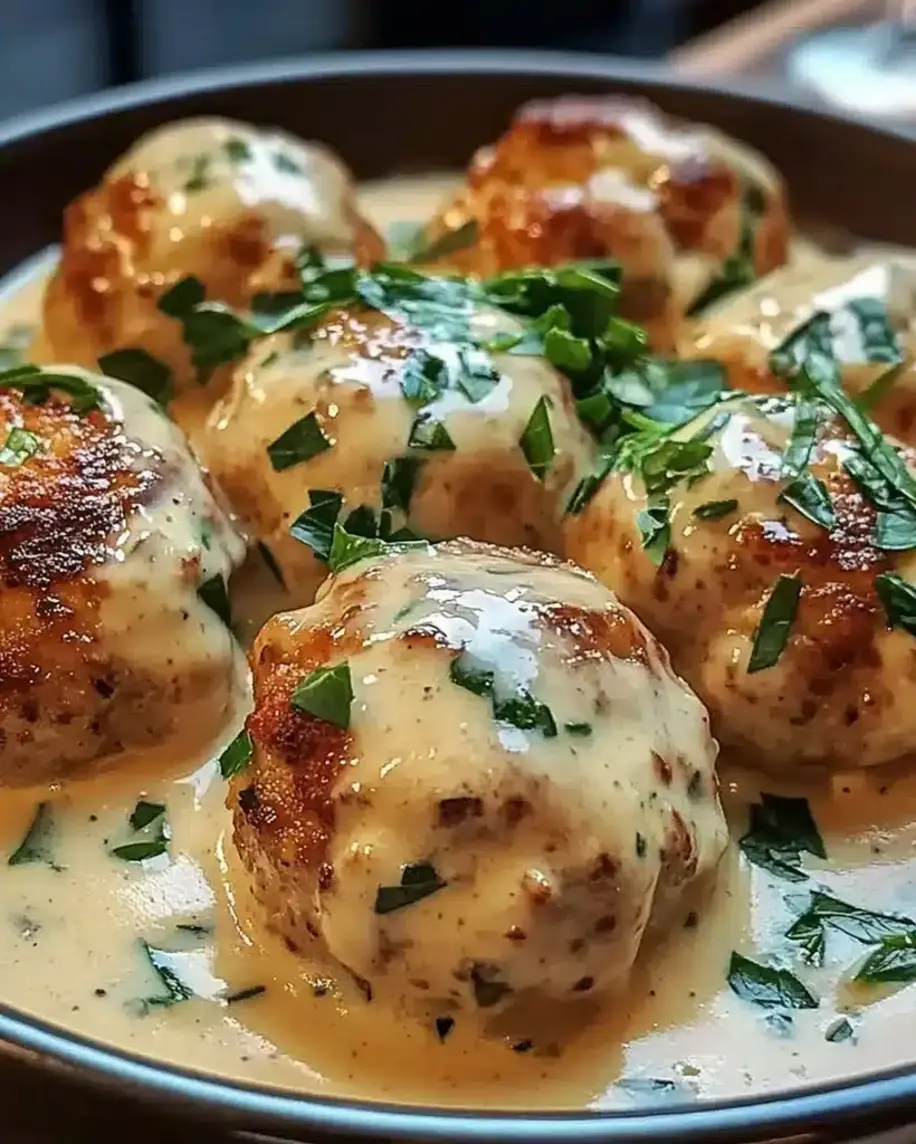 Close-up of chicken ricotta meatballs in spinach alfredo sauce.