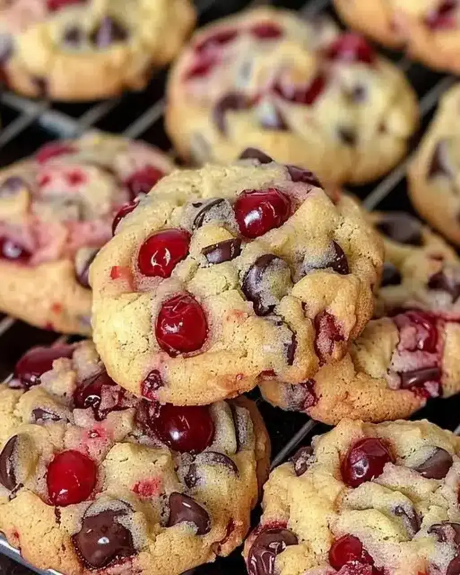 Several finished Maraschino cherry chocolate chip cookies on a cooling rack
