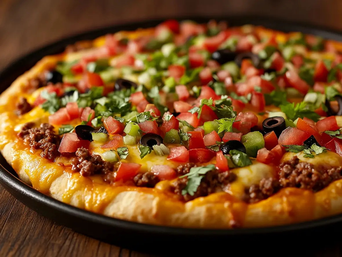 Freshly made Sheet Pan Taco Pizza topped with vibrant, fresh ingredients.