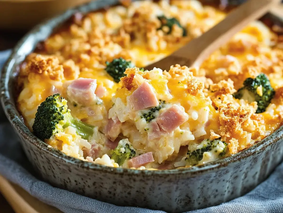 Close-up of a serving of chicken ham and rice casserole with broccoli.