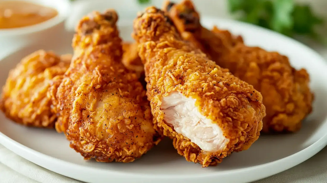Close-up of a crispy fried chicken piece being served.