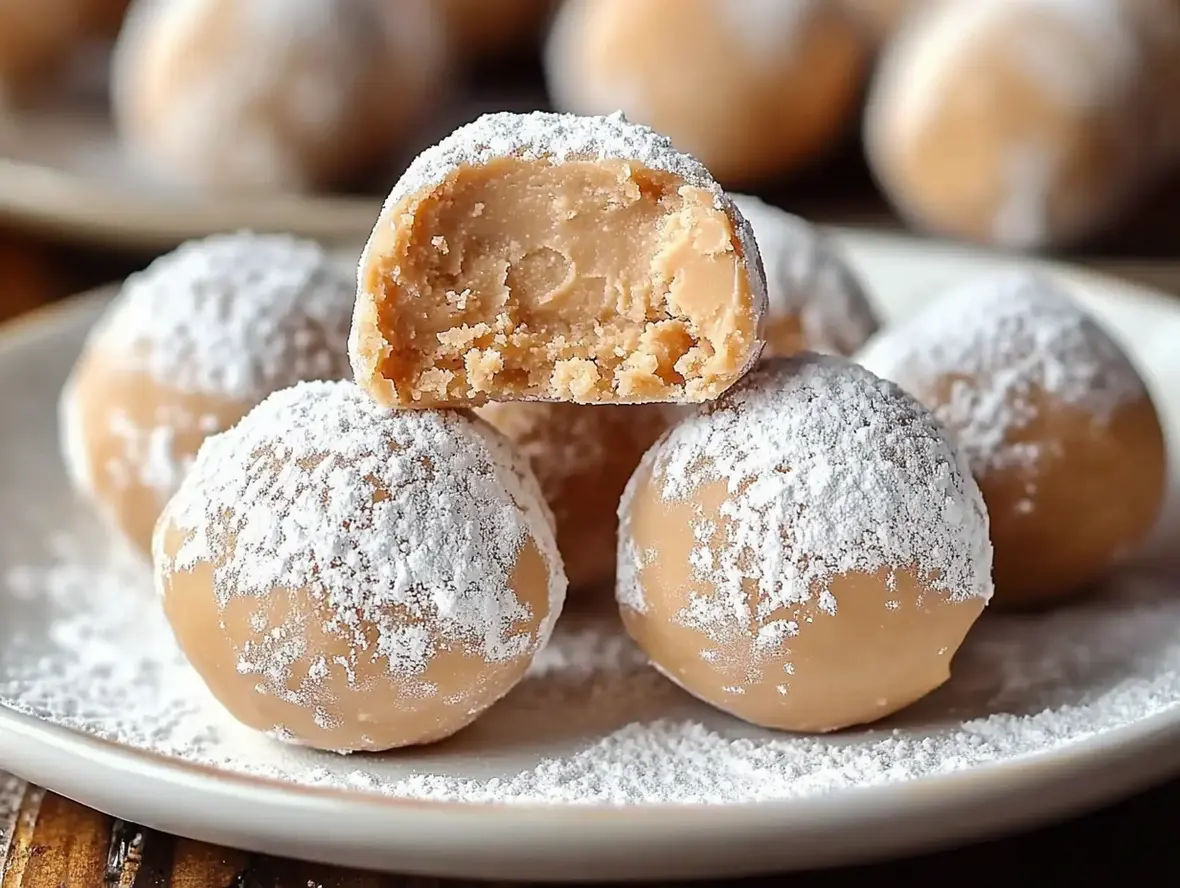 Close-up of peanut butter balls with cream cheese being dipped in chocolate.