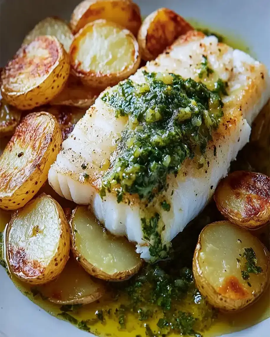 Close-up of cod with potatoes and salsa verde, showing texture and presentation.