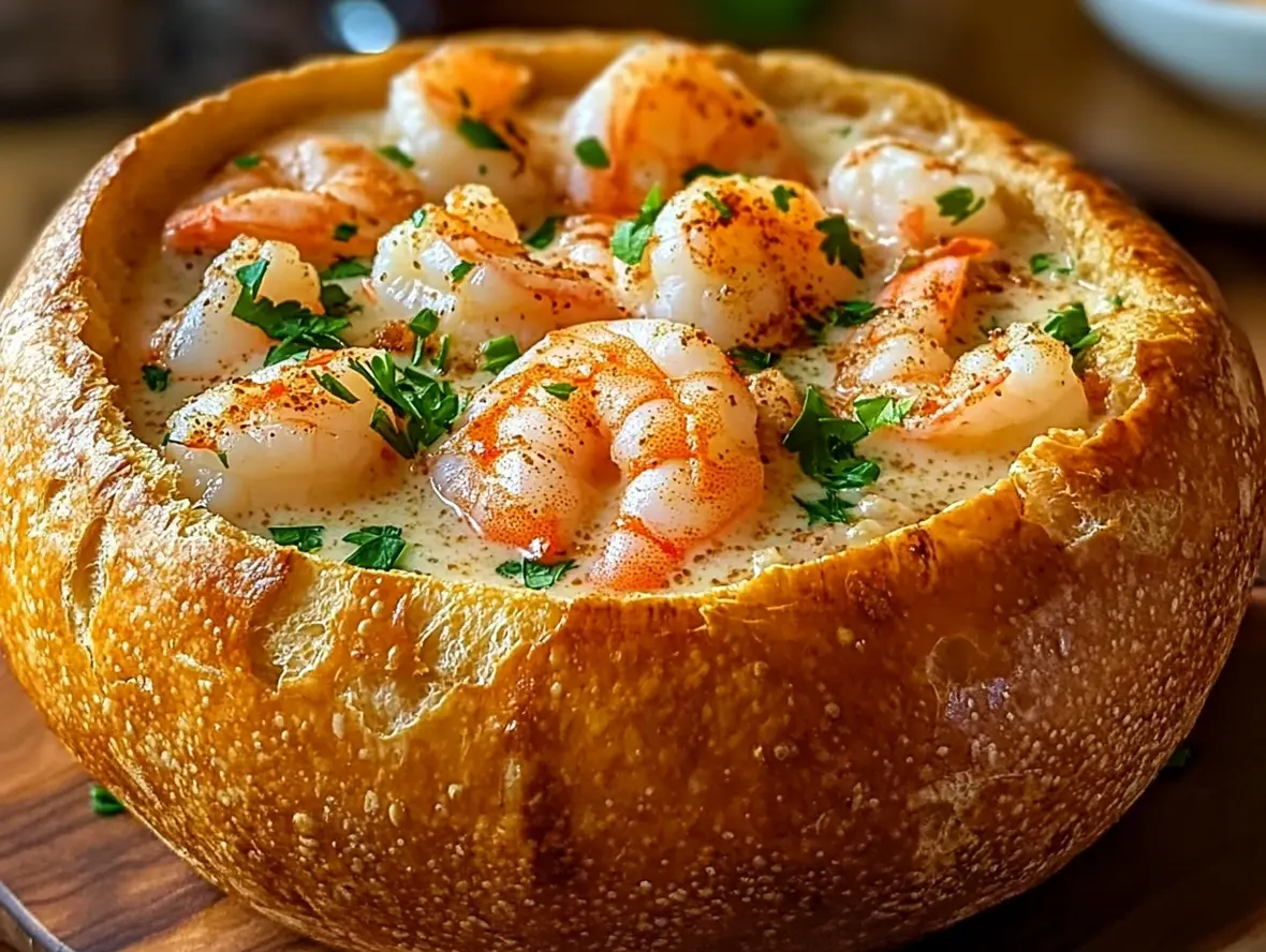 Close-up of the creamy seafood filling in a golden-brown bread bowl.