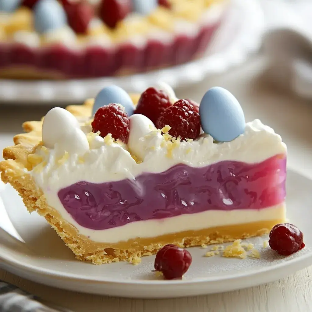 Close-up of a slice of Easter Jell-O Pie showing the distinct colorful layers.