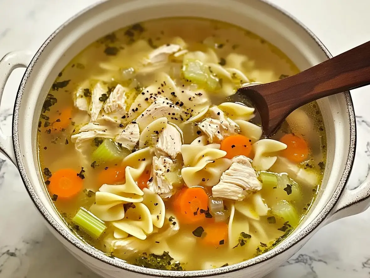Close-up of chicken noodle soup showing tender chicken, vegetables, and noodles in a flavorful broth.