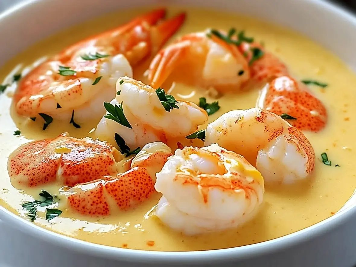 Close-up of a rich, creamy seafood bisque with identifiable pieces of shrimp and crab.