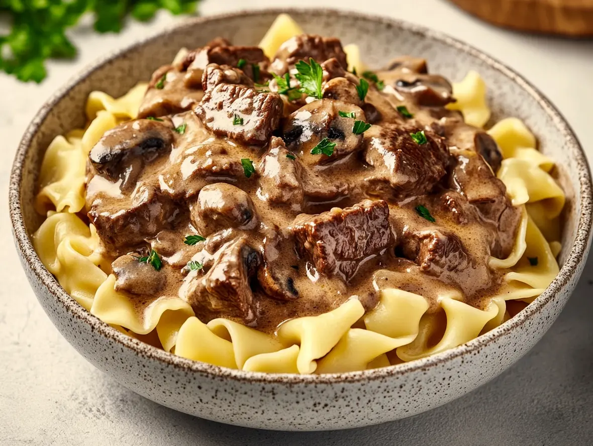 A close-up of a serving of ground beef stroganoff over egg noodles, garnished with parsley.