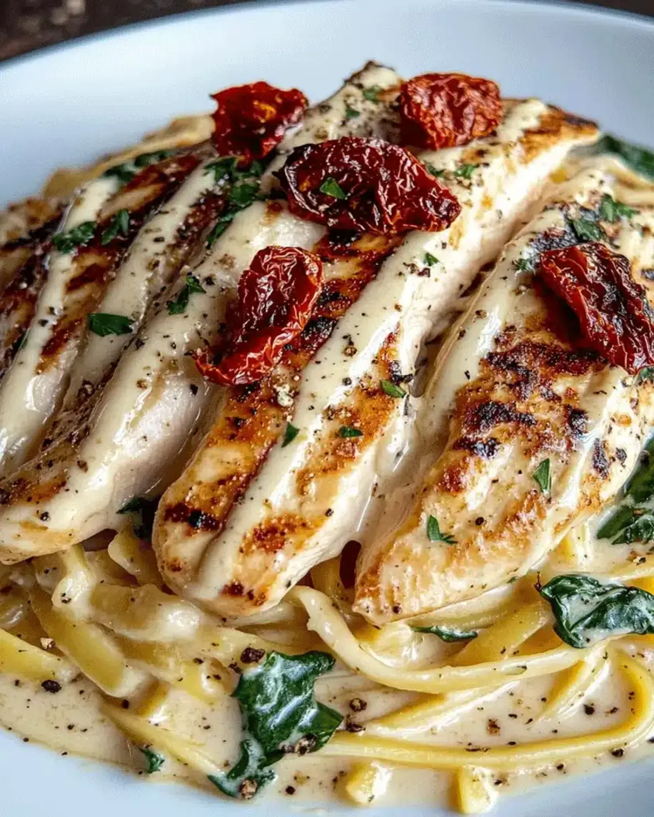 Close-up of creamy chicken fettuccine alfredo with sun-dried tomatoes and spinach, showing textures