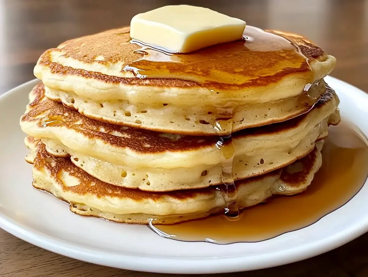 Close-up of a fluffy pancake being drizzled with syrup.