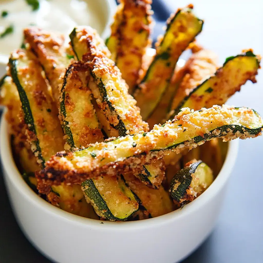 A bowl of air fryer zucchini fries with a dipping sauce