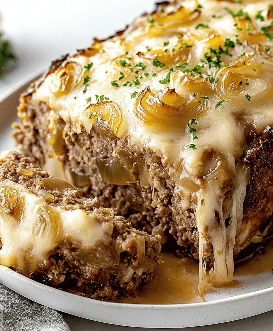 Close-up of a slice of French Onion Meatloaf showing melted cheese and onions