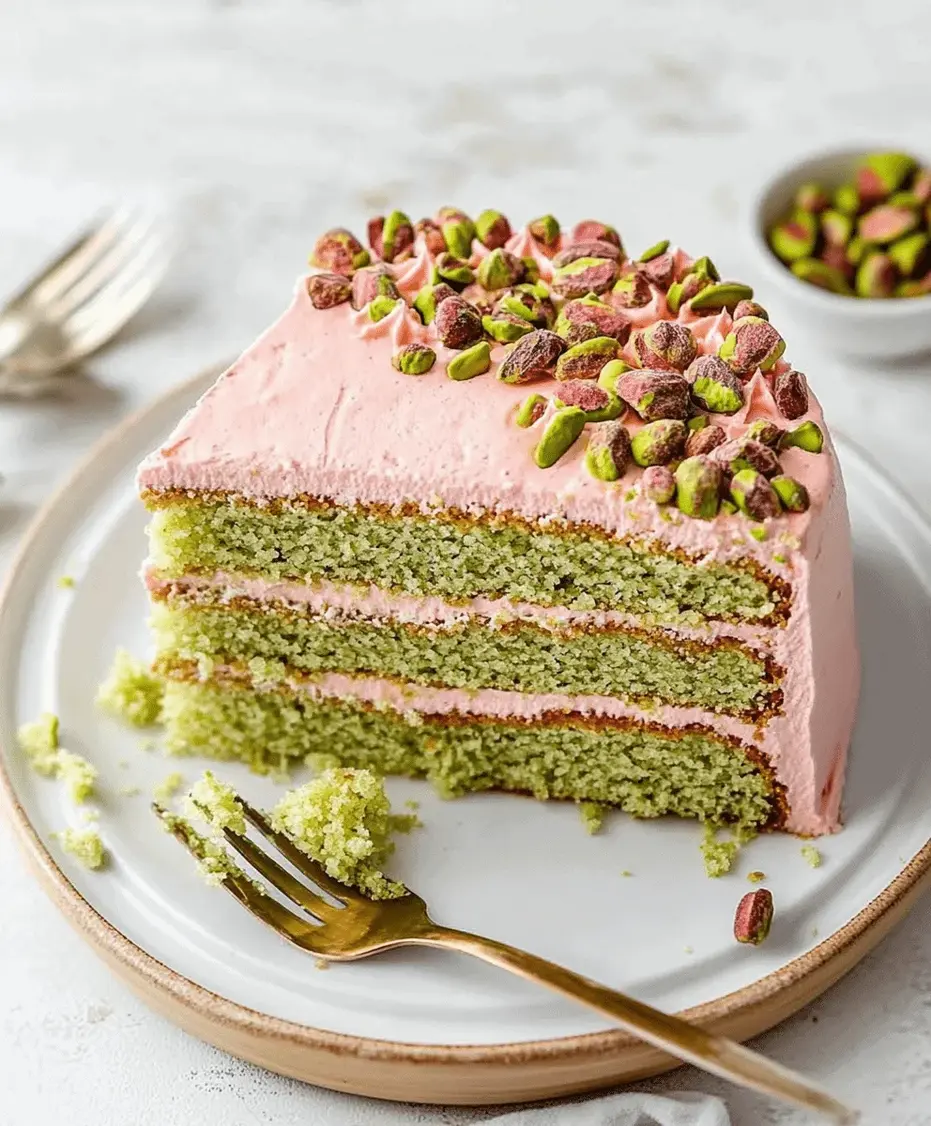 Close-up of a slice of Pistachio Cream Cake, showing the moist crumb and creamy frosting.