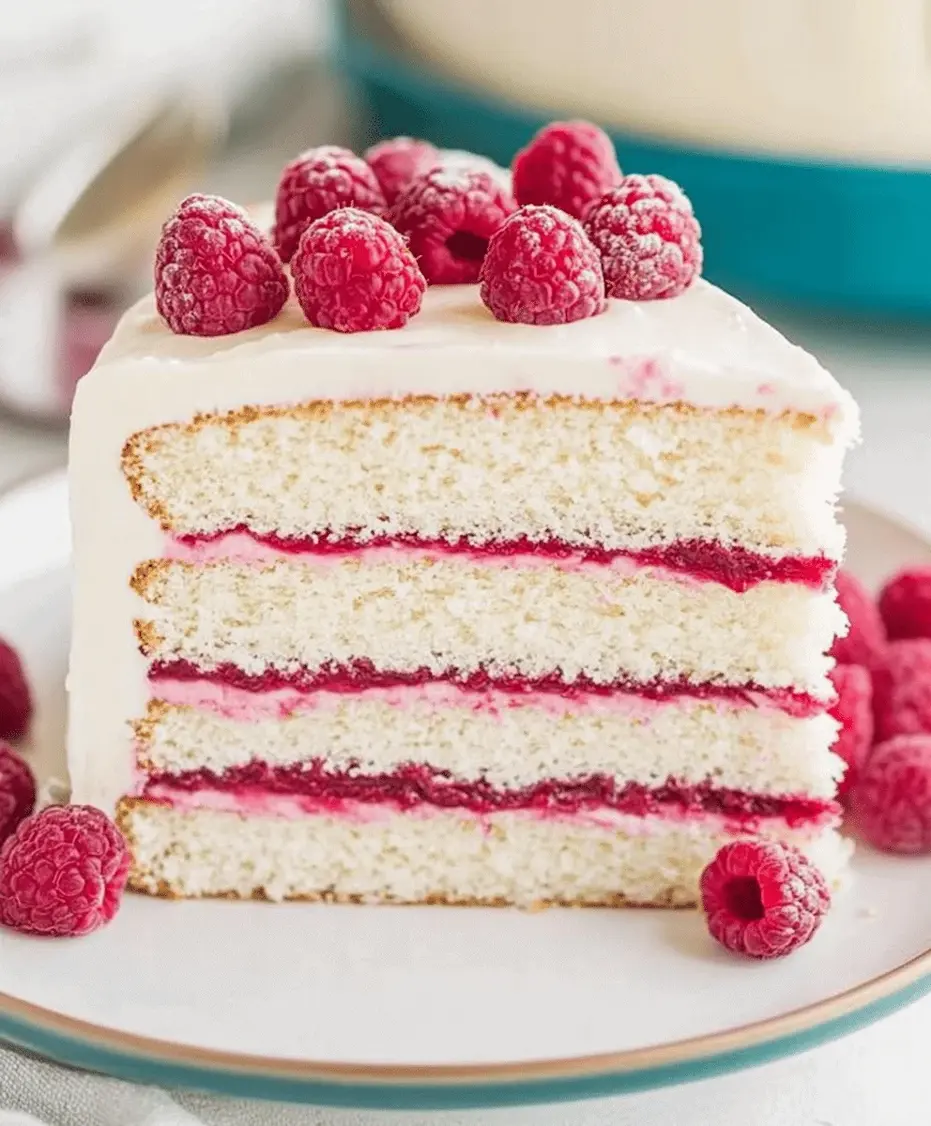A whole White Chocolate Raspberry Dream Cake decorated with fresh raspberries and white chocolate curls, ready to be sliced.