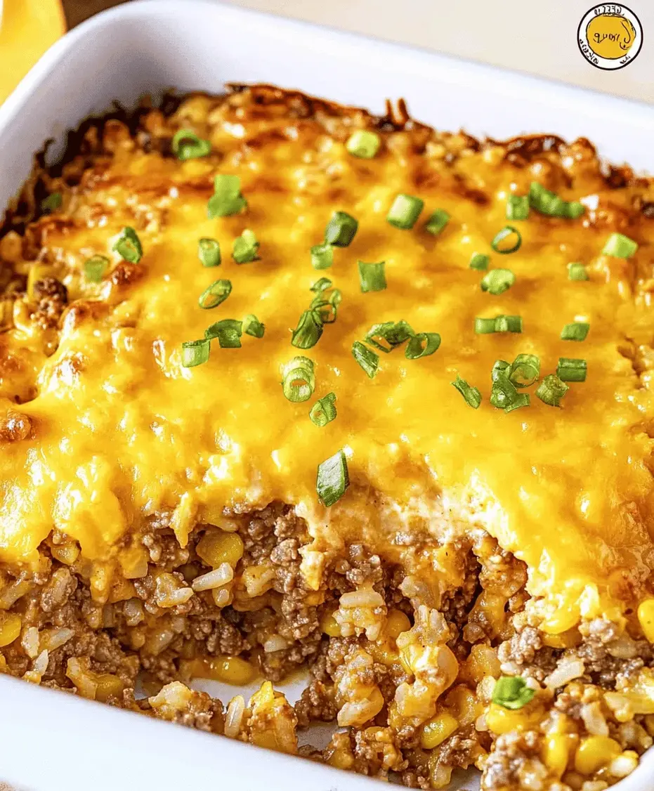 Close-up of cheesy ground beef and rice casserole with melted cheese