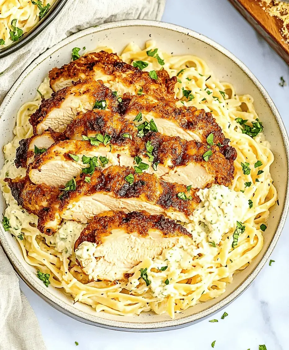 Close-up of creamy pasta with crispy chicken
