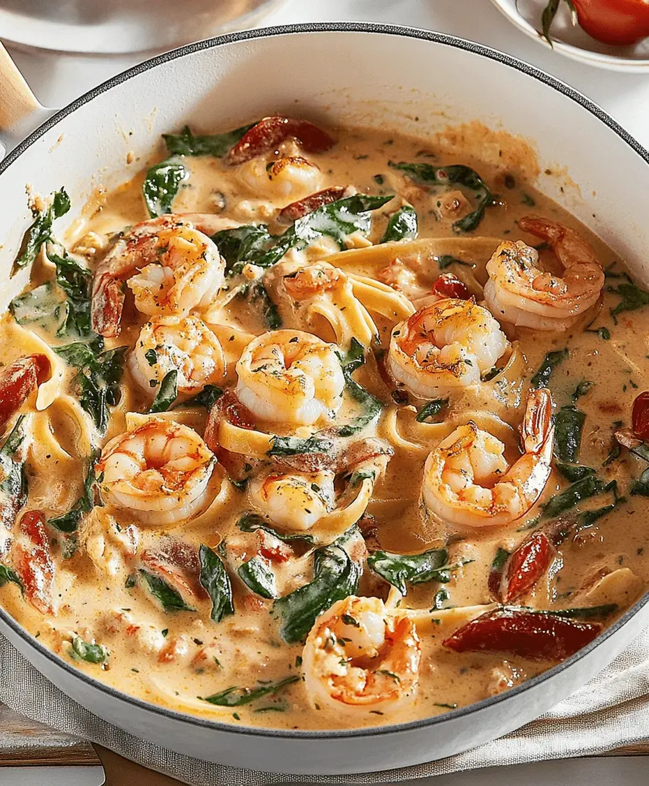 Plated creamy shrimp Tuscan fettuccine garnished with parsley