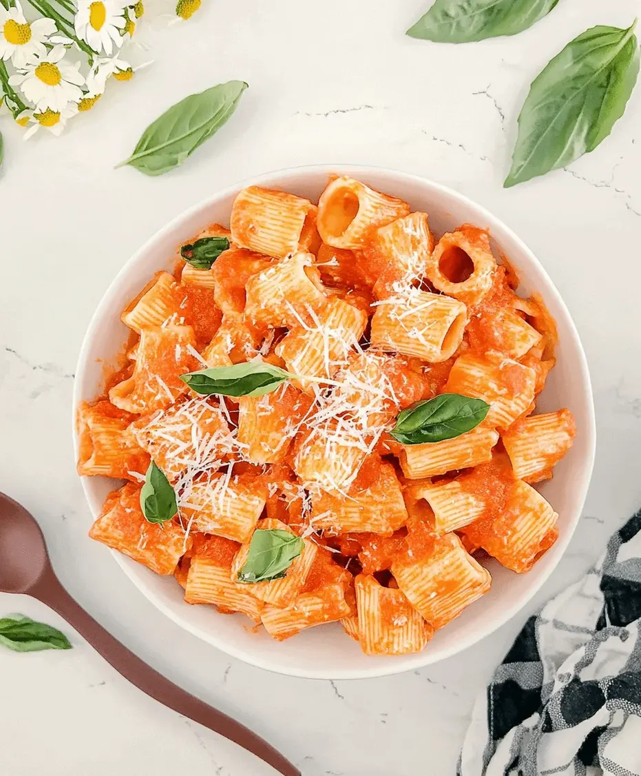 Close-up of creamy tomato rigatoni in a bowl