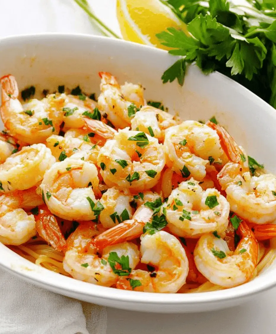 Close-up of Garlic Butter Shrimp Scampi on a plate