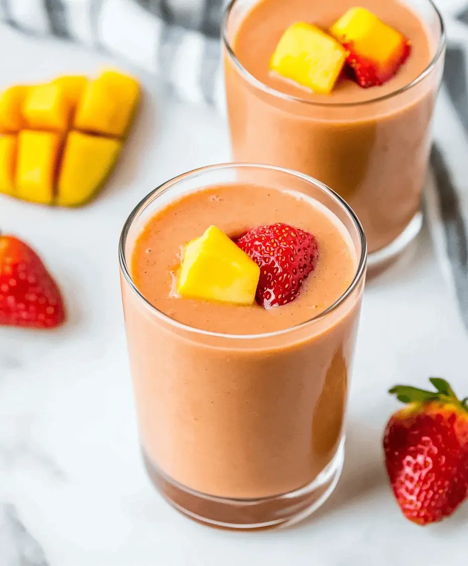 Close-up of a tropical strawberry mango smoothie in a glass with a straw.