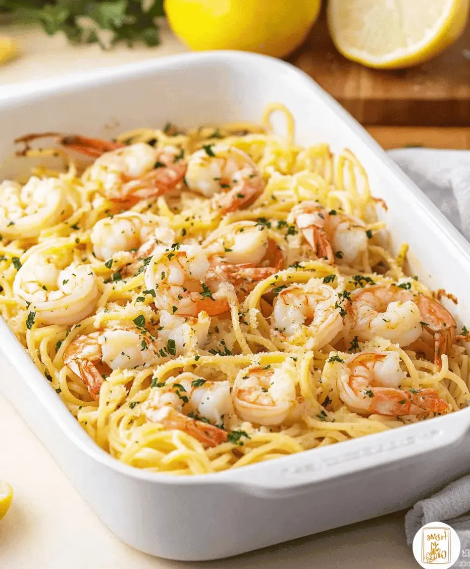 Close up of bubbly Shrimp Scampi Pasta Bake