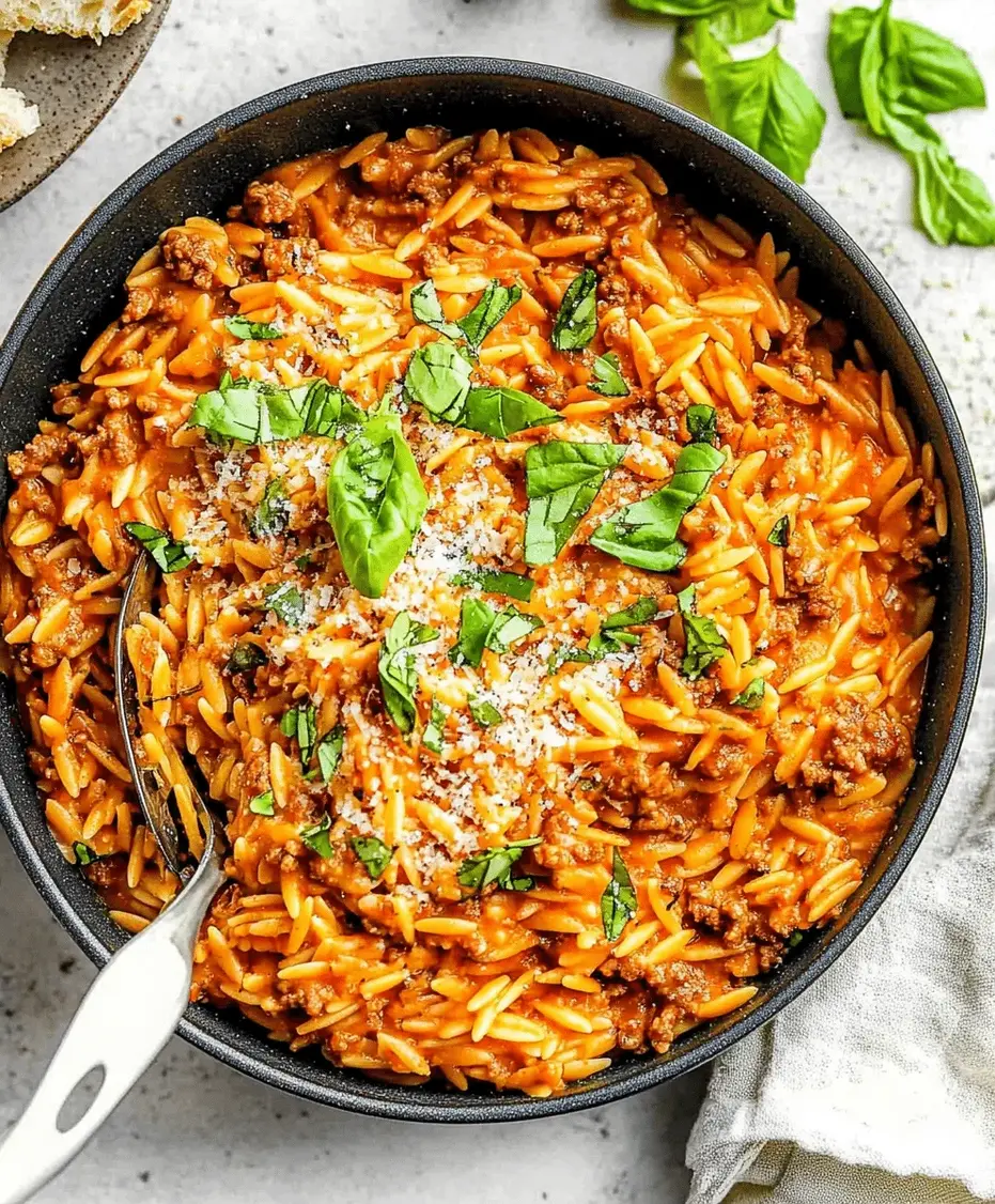 Close up of creamy ground beef orzo
