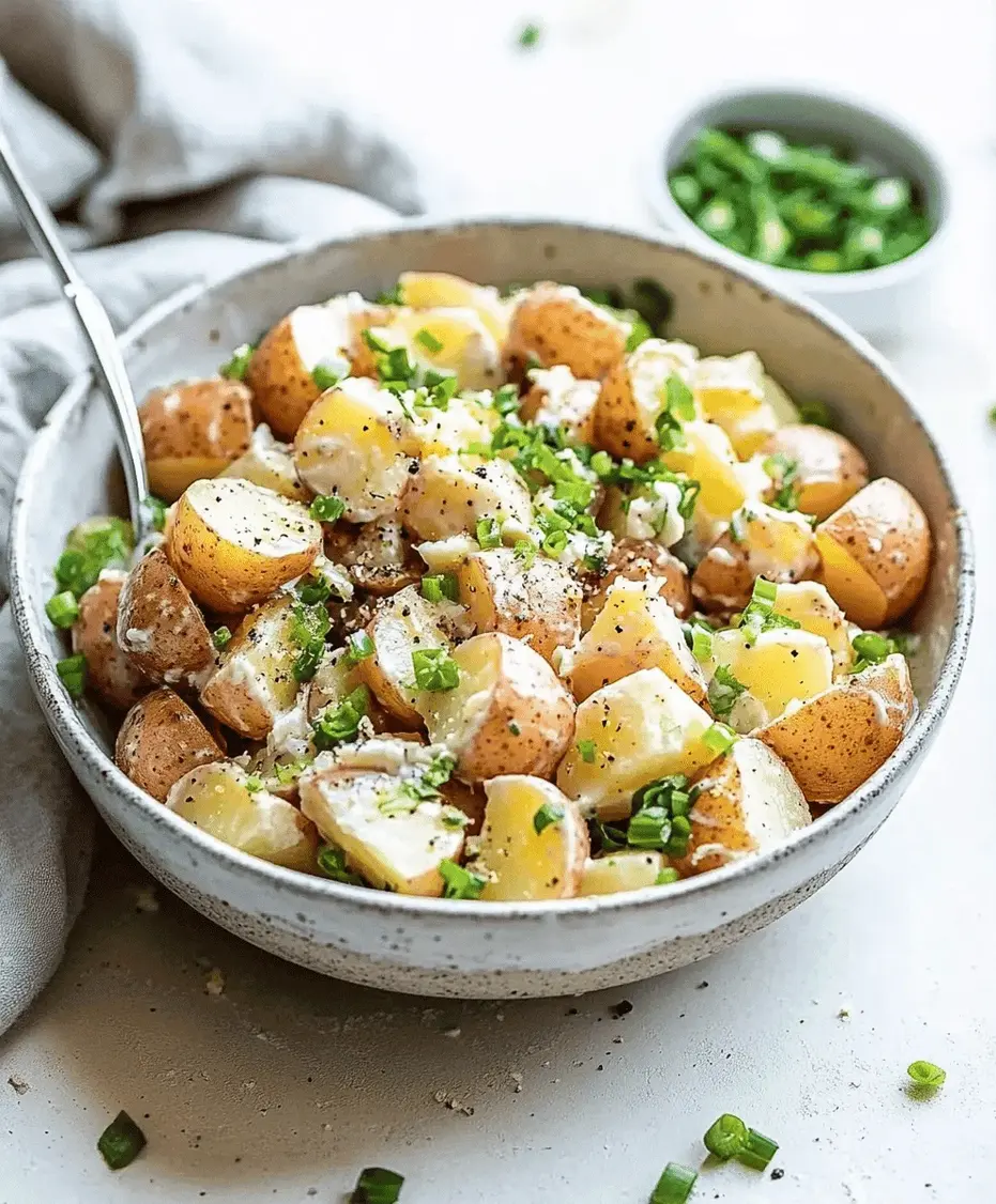 Close-up of creamy potato salad with visible chunks of potato, celery, and herbs.