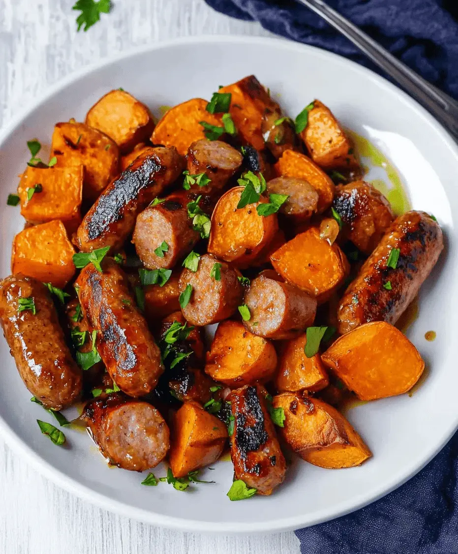 Close-up of sausage and sweet potatoes coated in a glistening honey garlic sauce, garnished with parsley.