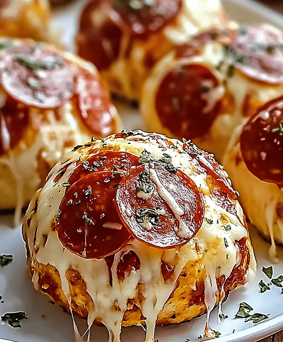 A platter of freshly baked pepperoni pizza bombs, some showing melted cheese oozing out.