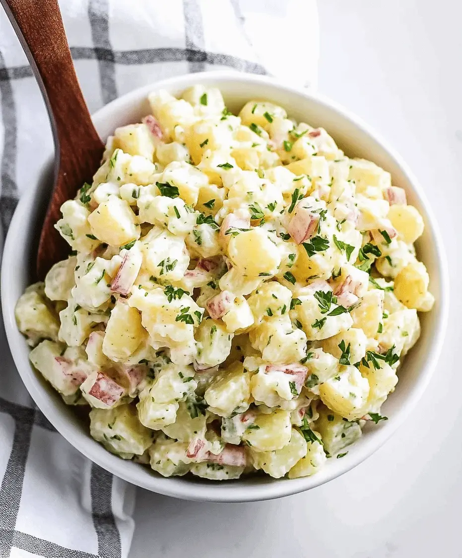 Close-up of Hawaiian Potato Salad texture with visible macaroni and vegetables.