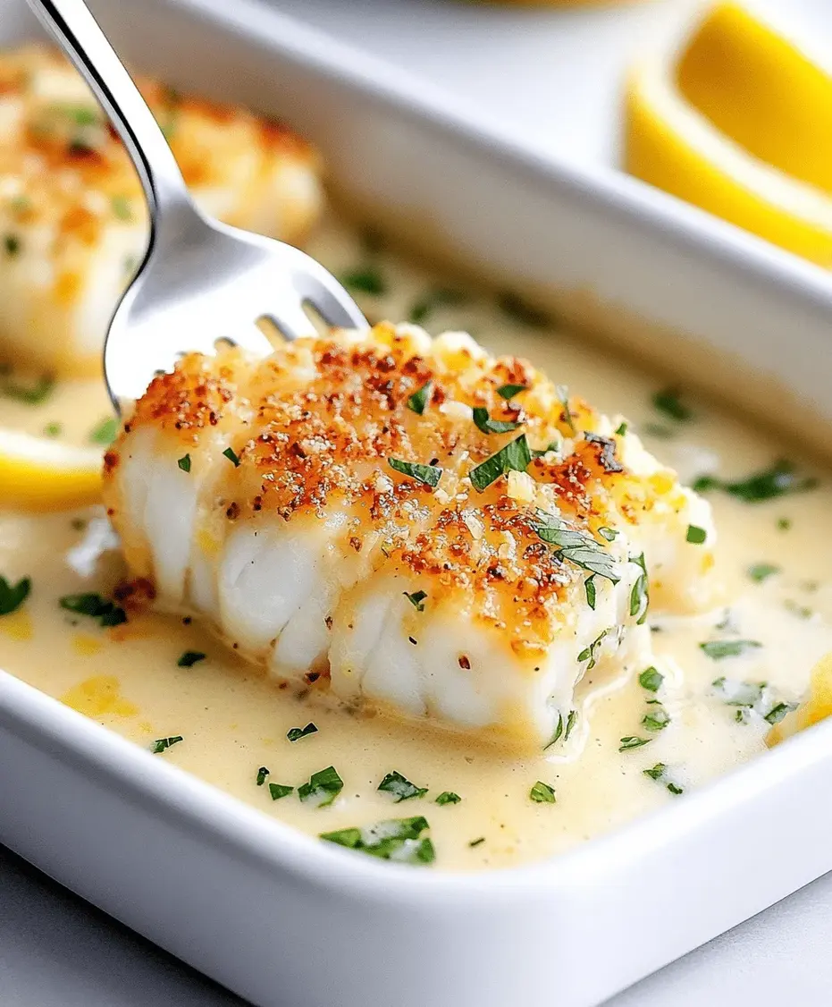 Close-up of baked cod with coconut lemon cream sauce
