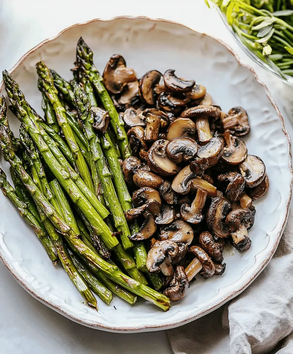 Close-up of roasted asparagus and mushrooms seasoned with herbs, ready to be served.