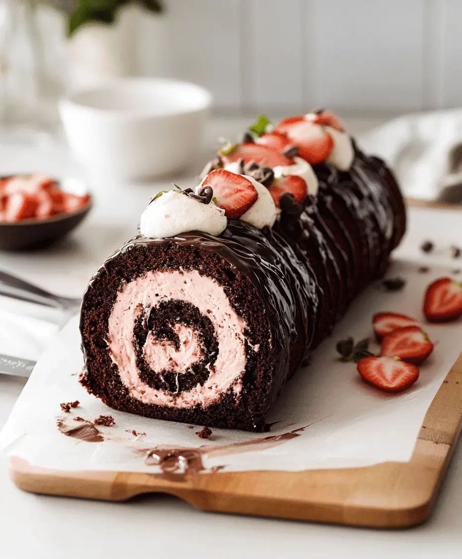 A slice of chocolate cake roll on a plate, showing the spiral of cake and cream filling