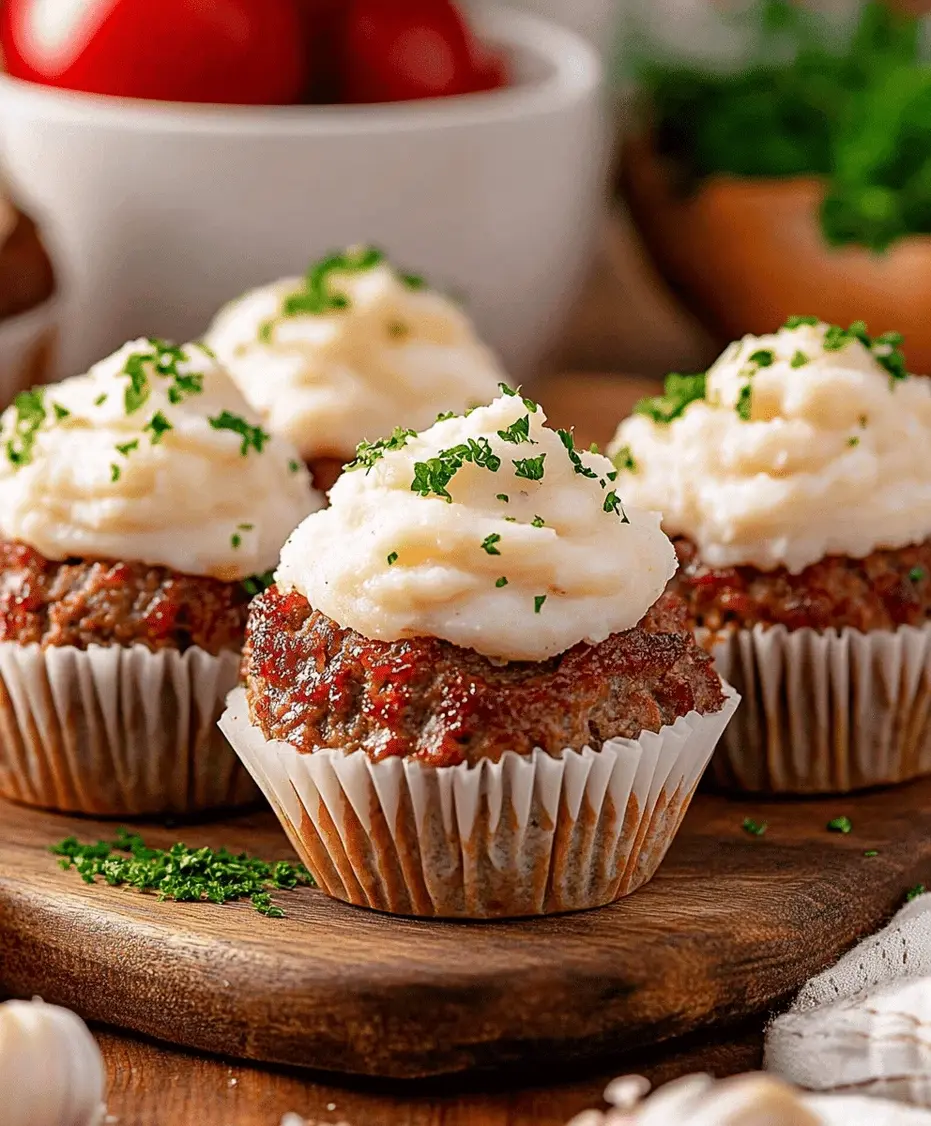 Close-up of a mini meatloaf muffin topped with mashed potato frosting