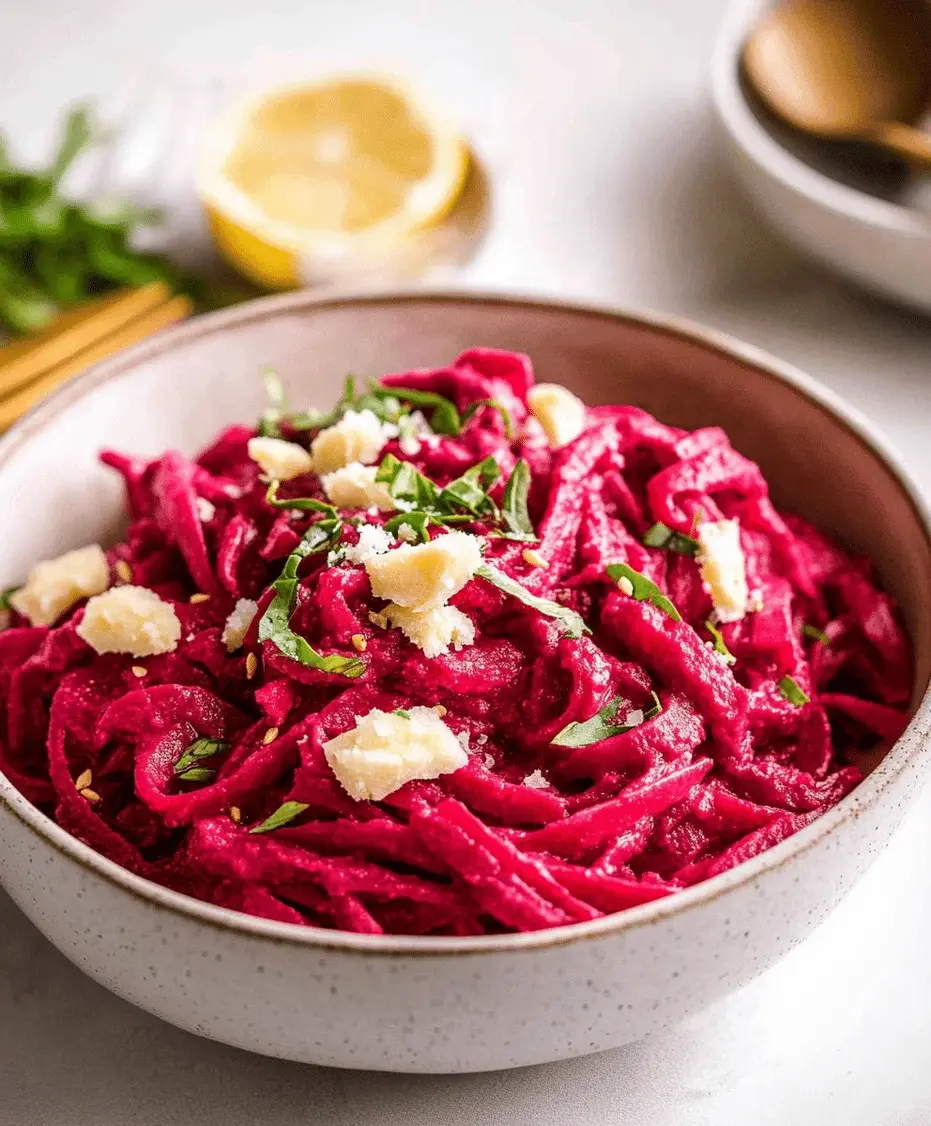 A bowl of pasta with vibrant beet sauce