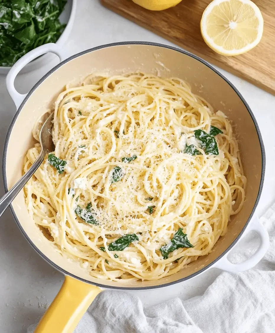 Close-up of creamy lemon ricotta pasta garnished with basil