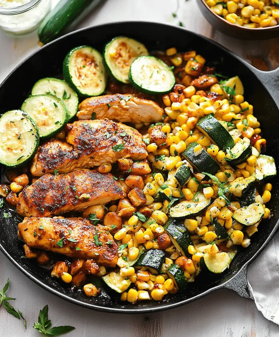 A plate of the finished garlic butter chicken with zucchini and corn, garnished with parsley.