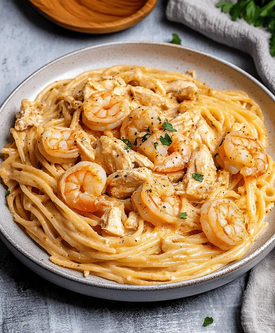 A serving of creamy Cajun shrimp and chicken pasta in a bowl, garnished with parsley.