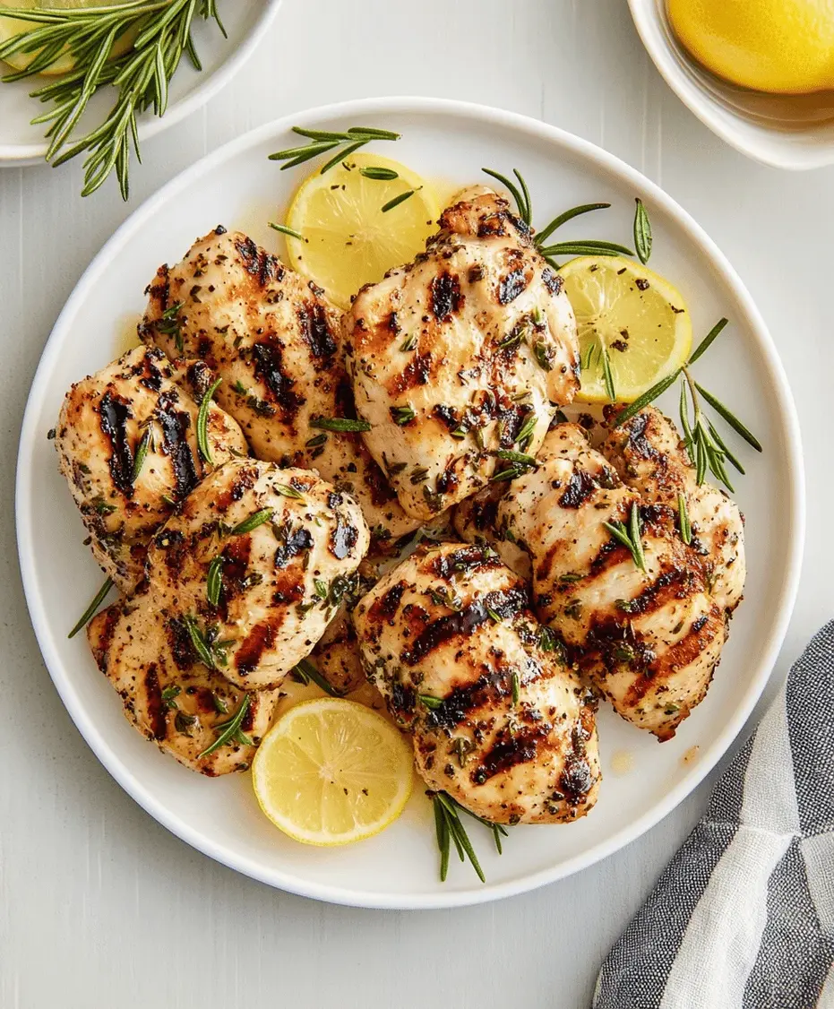 Close-up of grilled chicken pieces with rosemary and lemon slices