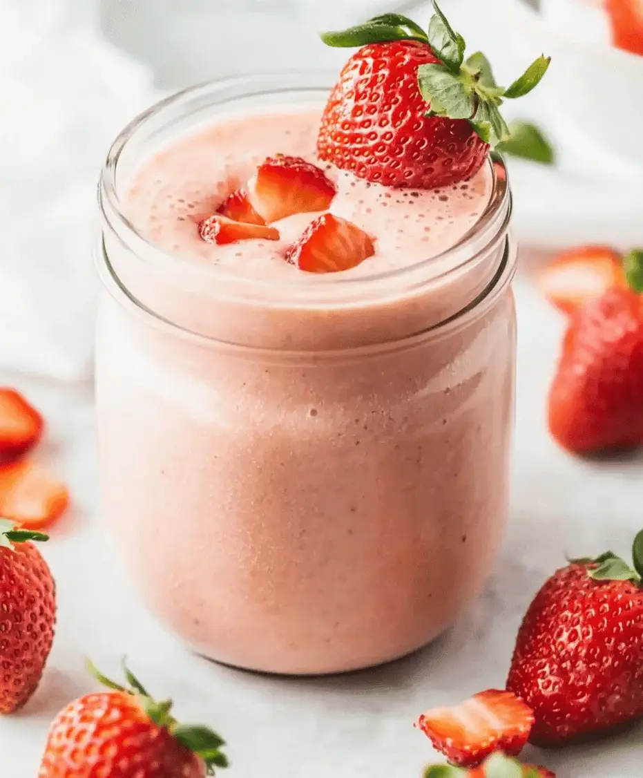 A blender filled with colorful ingredients for a strawberry smoothie, ready to be blended.