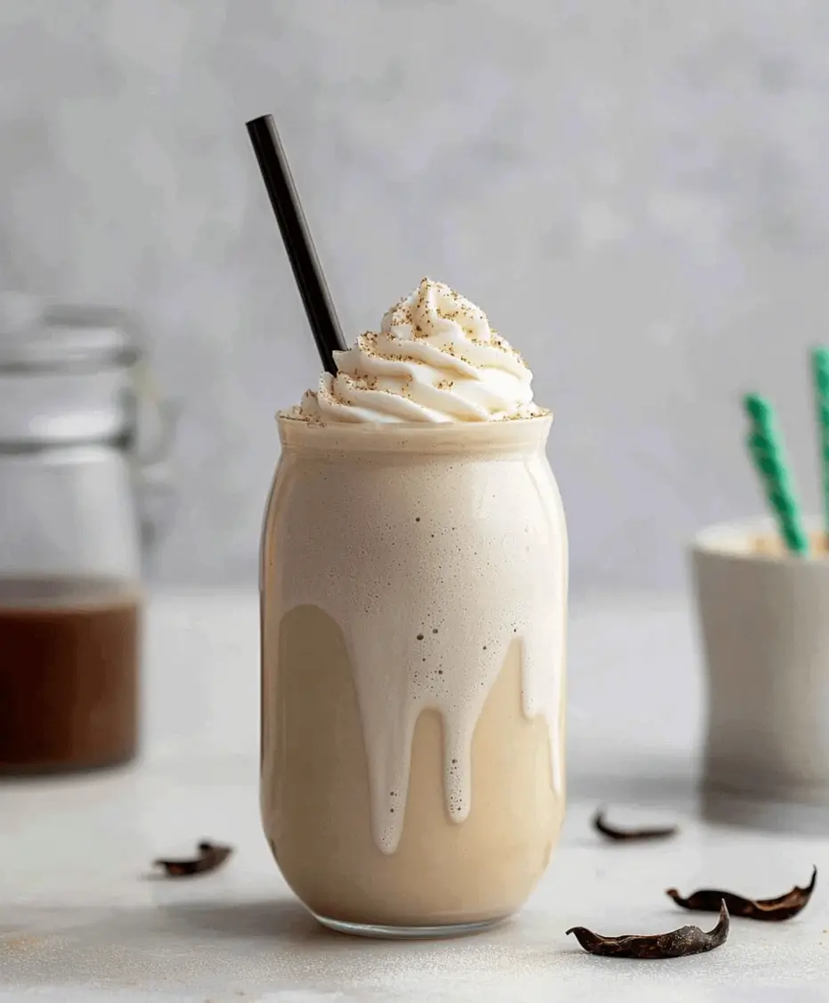 Close-up of a Vanilla Bean Frappuccino with whipped cream and vanilla specks.